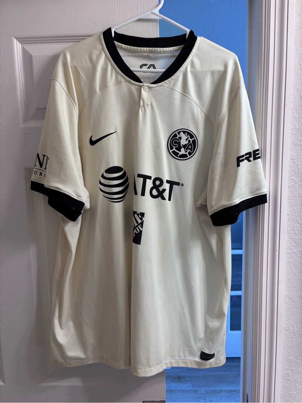 Nike Men's Cream Soccer Jersey with Black Trim and Logos